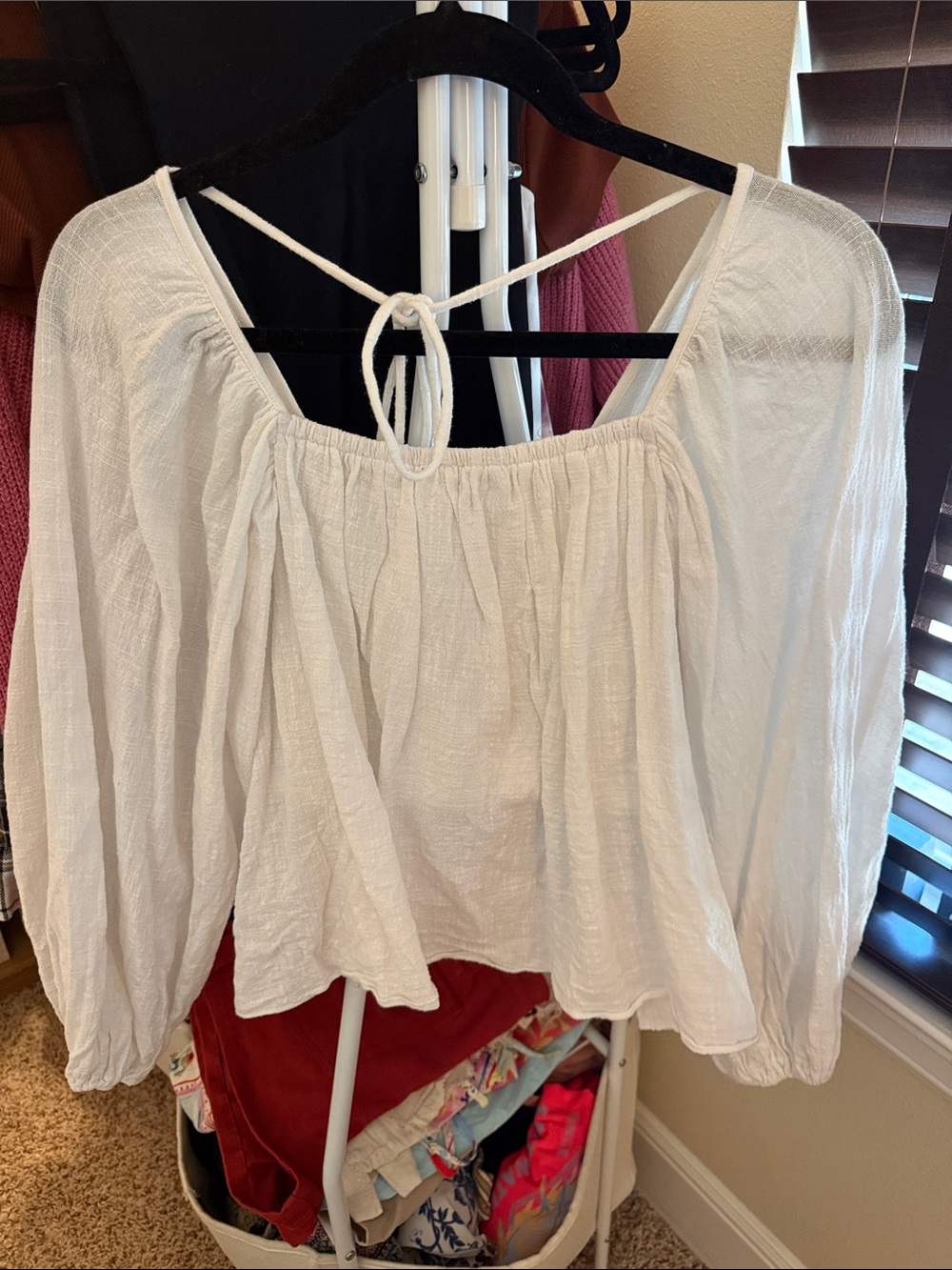 Women’s White Peasant Blouse with Tie Back